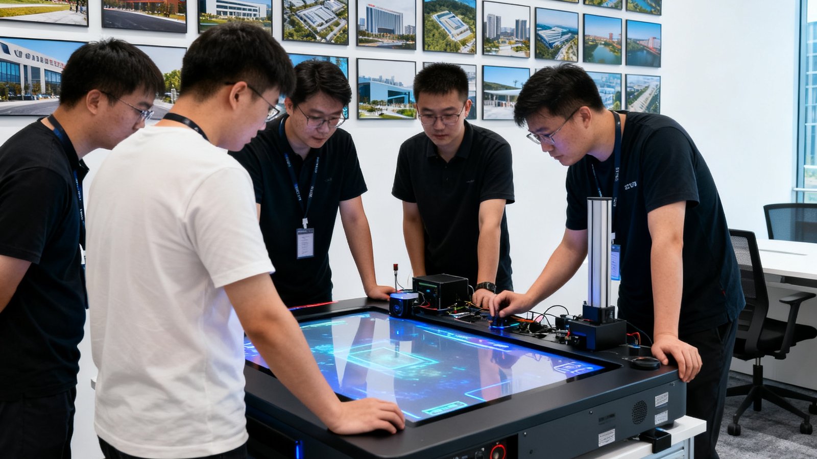 EVO视讯集团杭州未来科技城总部办公室内景，技术团队围在调试台前测试AR互动投影设备，背景墙上挂满了全国各地的项目实拍照片
