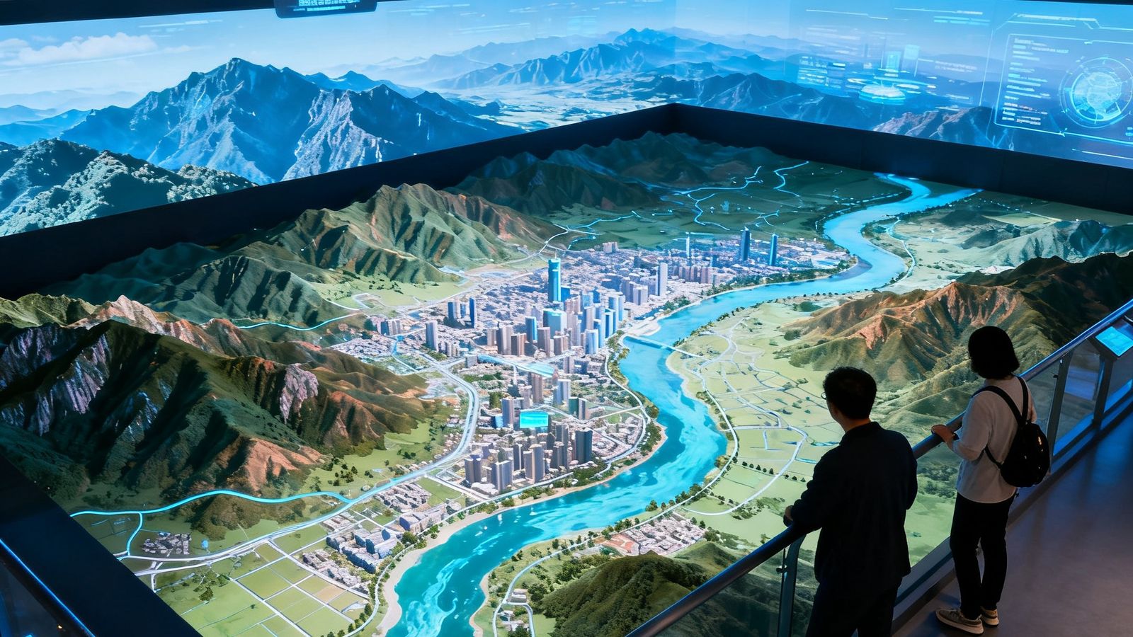 城市规划馆数字沙盘展示区，立体投影精准呈现山川河流地貌，参观者从高处俯瞰全景