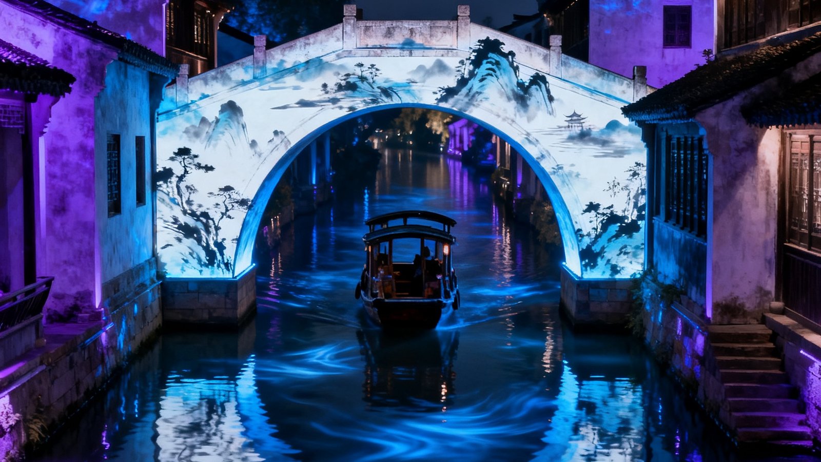 夜晚古镇河道两岸建筑披上动态光影，桥洞下投射出水墨山水动画，游船缓缓穿行于光影之间