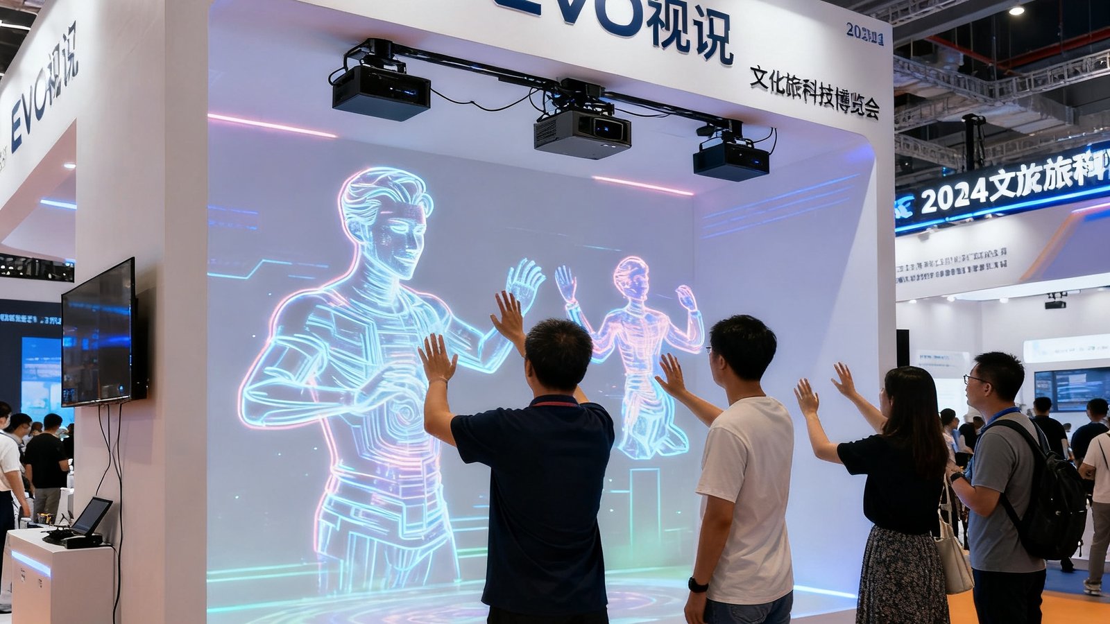 2024年文旅科技博览会展位现场，EVO视讯展示最新全息投影设备，参观者正在体验互动装置