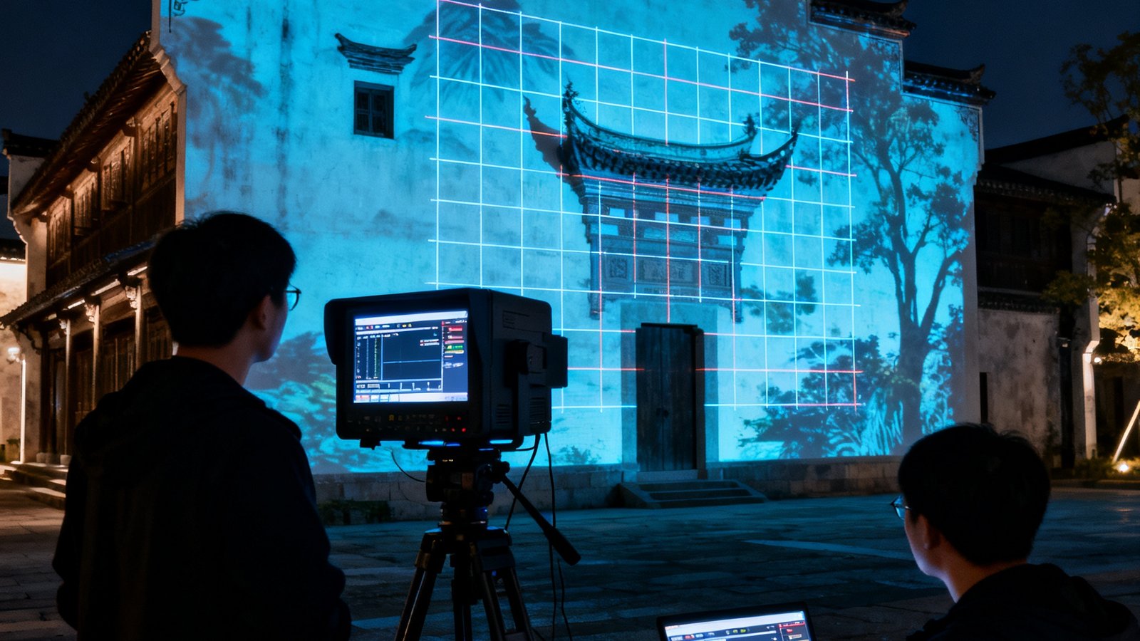技术团队在古镇景区夜间调试光影秀设备，投影画面正在建筑立面上进行Mapping校准