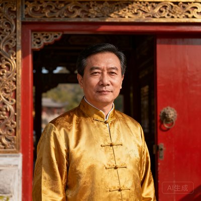 一位身着中式服饰的景区运营总监正面肖像照，背景是古色古香的景区大门